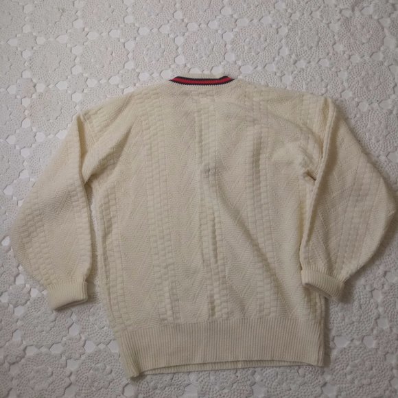 Vtg 80s 90s Large Ivory V Neck Preppy Tennis Pullover Sweater Red Blue Stripe - Picture 5 of 5